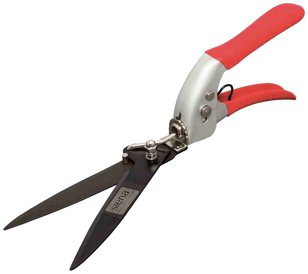 Un sécateur rouge et argenté avec de longues lames, adapté pour couper de l'herbe ou de petites branches.