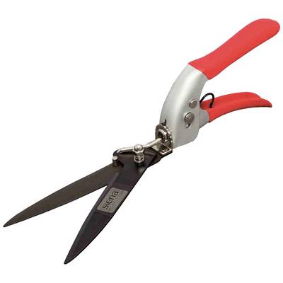 Un sécateur rouge et argenté avec de longues lames, adapté pour couper de l'herbe ou de petites branches.