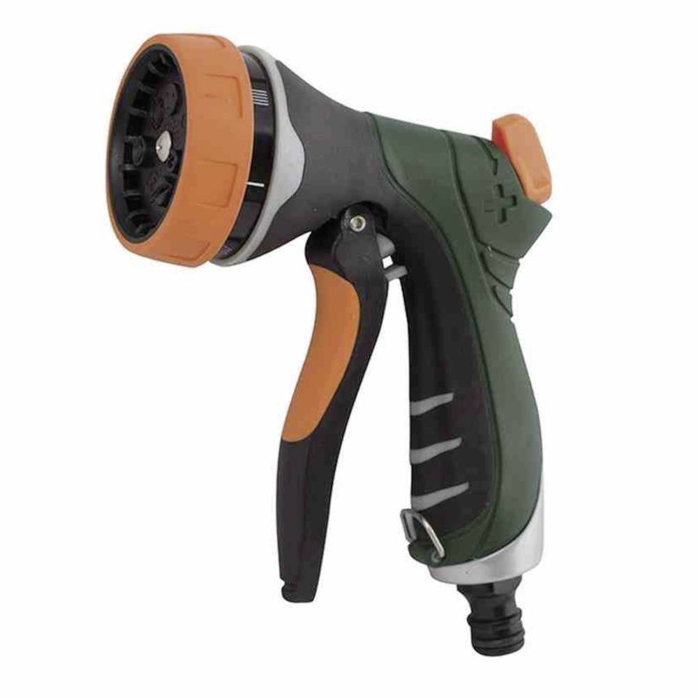 Douchette de jardin avec poignée ergonomique, colorée en noir, vert et orange, présentant différents réglages sur la face avant.