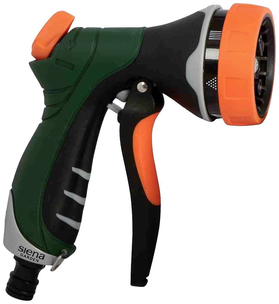 Un pulvérisateur de jardin vert et noir avec une buse orange et un levier, adapté à l'arrosage des jardins.