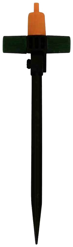 Un goutte-à-goutte d'irrigation avec une buse orange et une molette de réglage verte, fixé sur un piquet de terre noir.