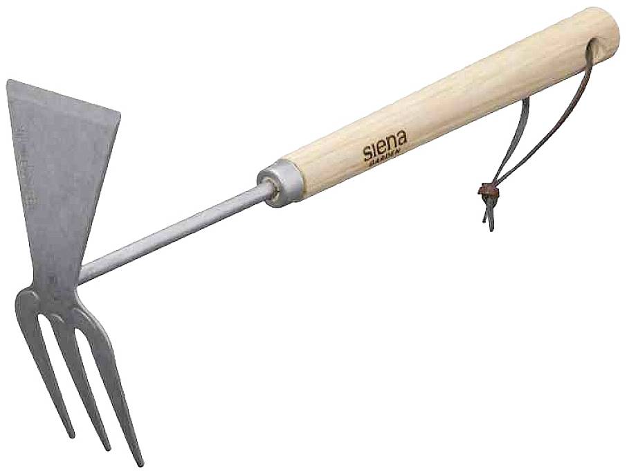 Cultivateur à main avec manche en bois et deux têtes en métal : un râteau et une houe. Adapté aux travaux de jardinage comme le désherbage.