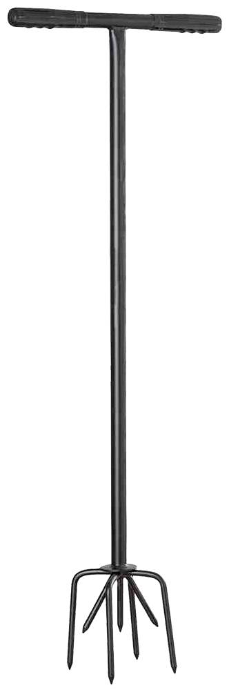 Un long cultivateur de jardin noir avec une poignée en forme de T et plusieurs dents, adapté pour ameublir la terre.