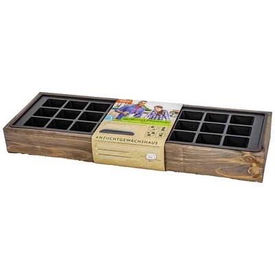 Serre de culture en bois avec deux plateaux et huit pots de plantation chacun. L'emballage présente une image de deux personnes en train de planter.