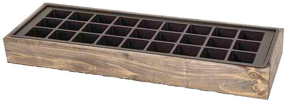 Cadre en bois avec 24 compartiments carrés noirs, adapté comme unité de rangement ou d'organisation.