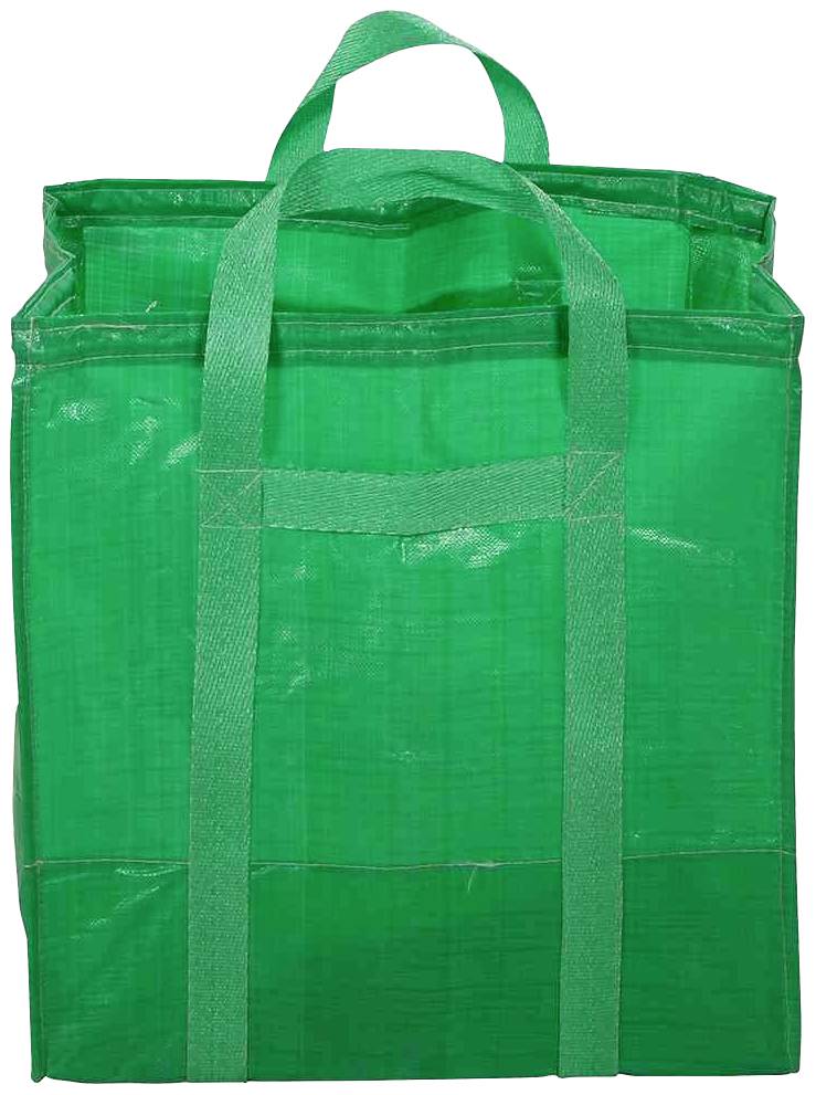 Sac de courses vert, réutilisable, fabriqué en matériau robuste, doté de deux longues anses et d'une courte boucle, tenant debout.