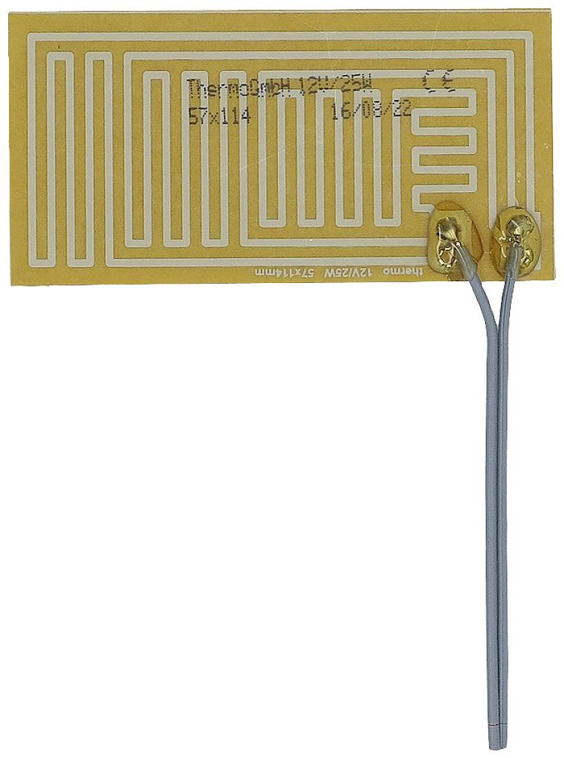 Élément chauffant flexible rectangulaire, jaune, avec pistes conductrices et deux câbles. Dimensions : 57x114 mm, puissance : 12V, 25W.