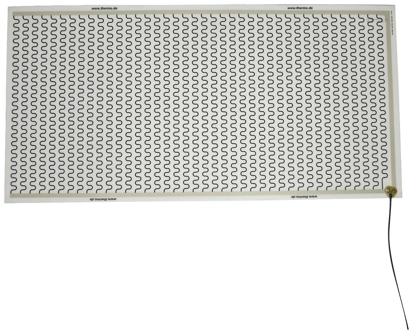 Un coussin chauffant rectangulaire avec un motif de fil ondulé et un câble de connexion en bas à droite.