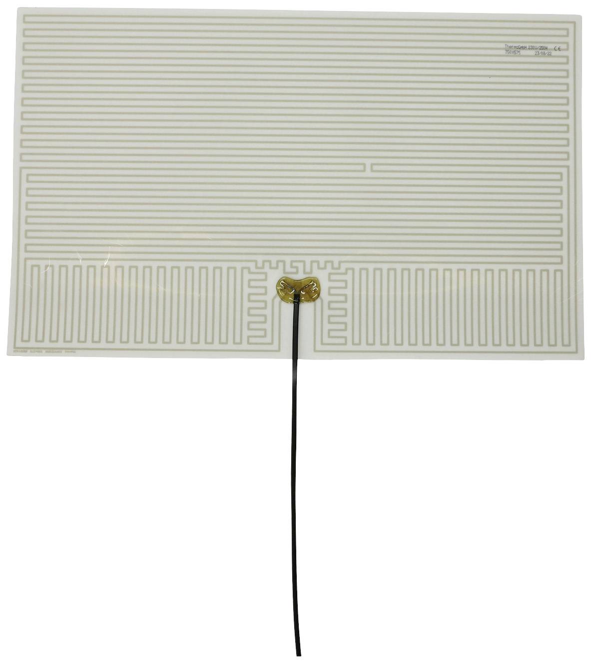 Film chauffant électrique rectangulaire avec des fils minces disposés parallèlement, reliés par une fiche de câble noire en bas.