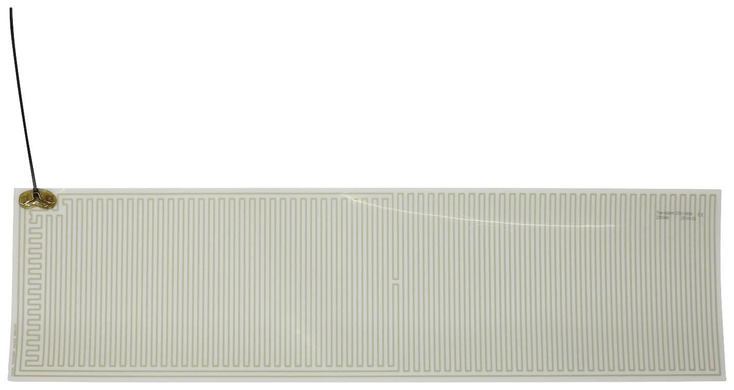 Une feuille chauffante électrique rectangulaire et fine, avec un motif ondulé imprimé et un fil connecté en haut à gauche.