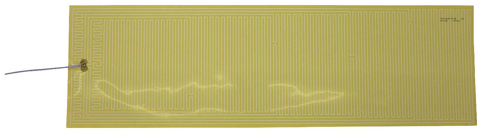 Un coussin chauffant rectangulaire jaune avec un motif en zigzag gravé et un câble connecté sur le côté gauche.