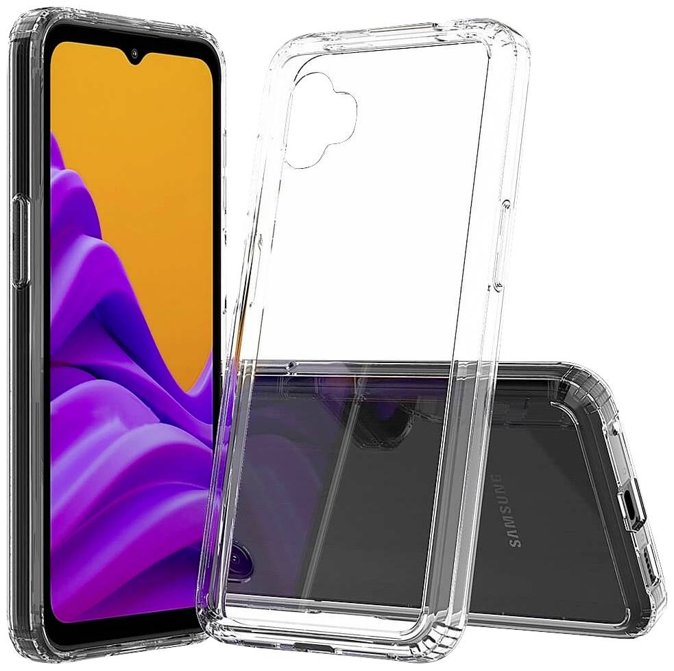 Smartphone avec un écran violet dans un étui de protection transparent, face avant et arrière visibles.