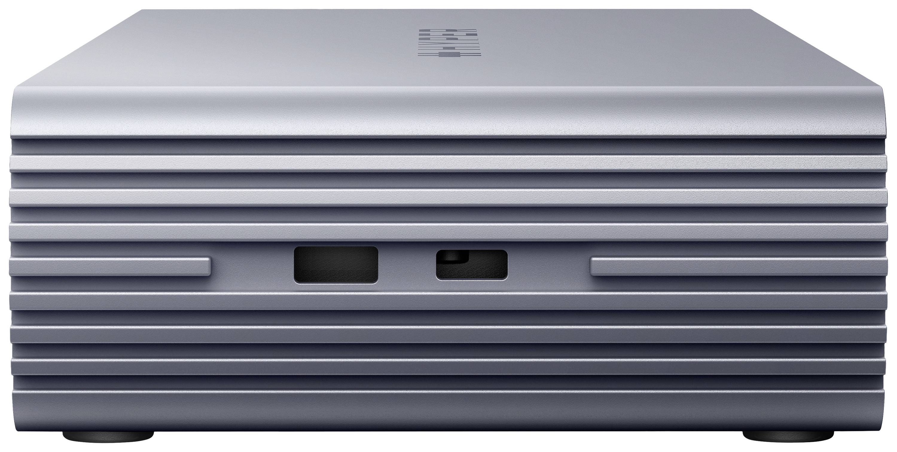 Un boîtier externe de disque dur argenté, rectangulaire, avec des fentes de ventilation sur la face avant.