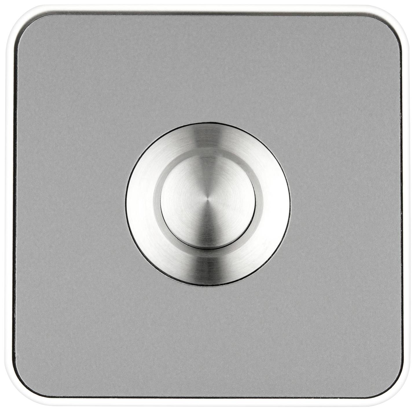Sonnette de porte carrée avec un bouton métallique rond en son centre sur un fond gris.