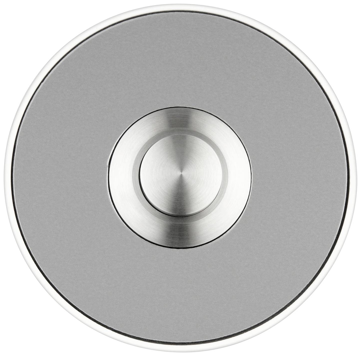 Bouton-poussoir rond et métallique au centre d'une surface grise circulaire.