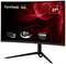 Un moniteur incurvé ViewSonic de 27 pouces avec un taux de rafraîchissement de 165 Hz et un temps de réponse de 1 ms, affichant une image de fond rouge dynamique.