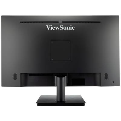 Un moniteur d'ordinateur noir vu de dos, avec l'inscription 'ViewSonic' en haut au centre. Le socle est visible.