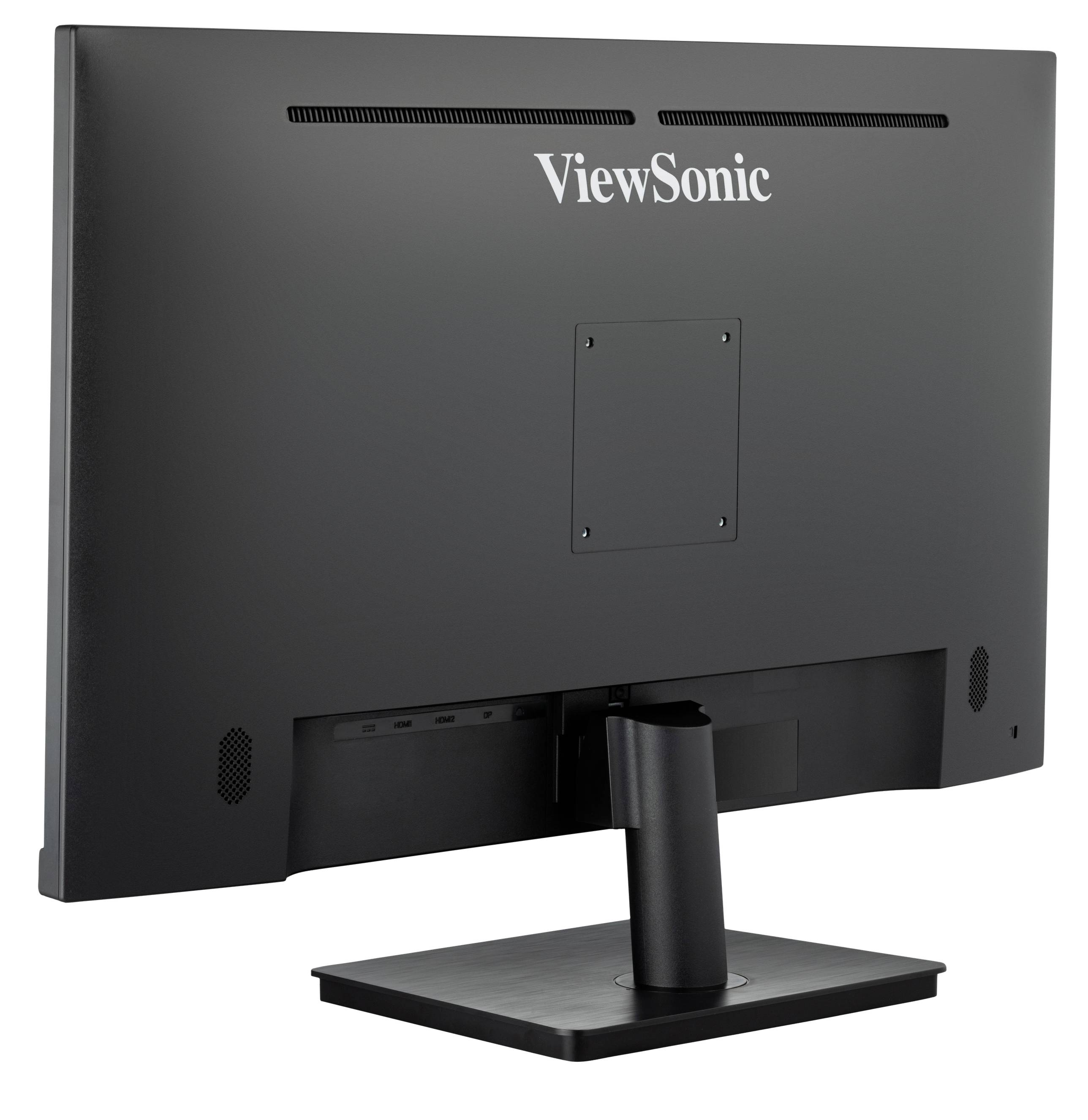 Vue arrière d'un moniteur ViewSonic. Le socle est fixé de manière centrée. La marque 'ViewSonic' est visible en haut de la face arrière.