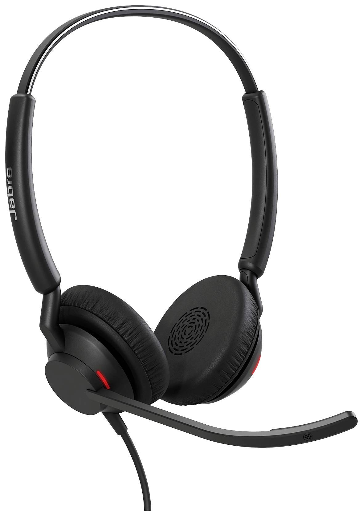 Casque noir avec bras micro, zone des haut-parleurs surlignée en rouge et coussinets d'oreilles rembourrés.