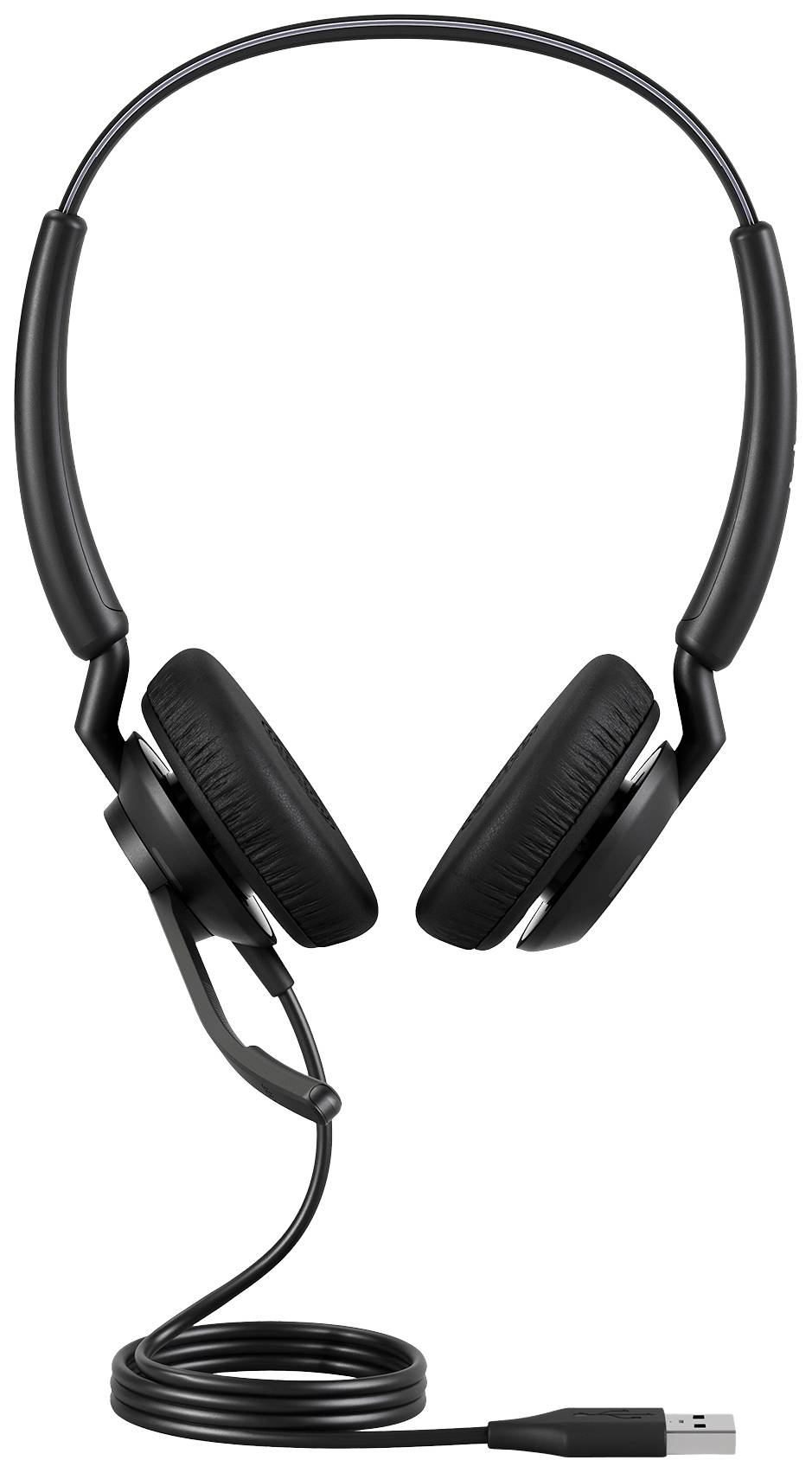 Un casque USB noir avec des écouteurs rembourrés et un arceau réglable. Le câble se termine par une connexion USB.