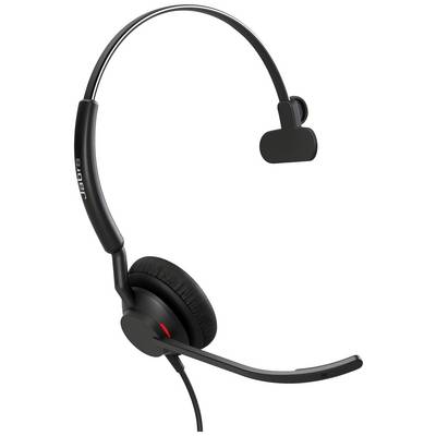 Un casque noir filaire avec un écouteur, un bras de microphone ajustable et un arceau rembourré pour une utilisation quotidienne.