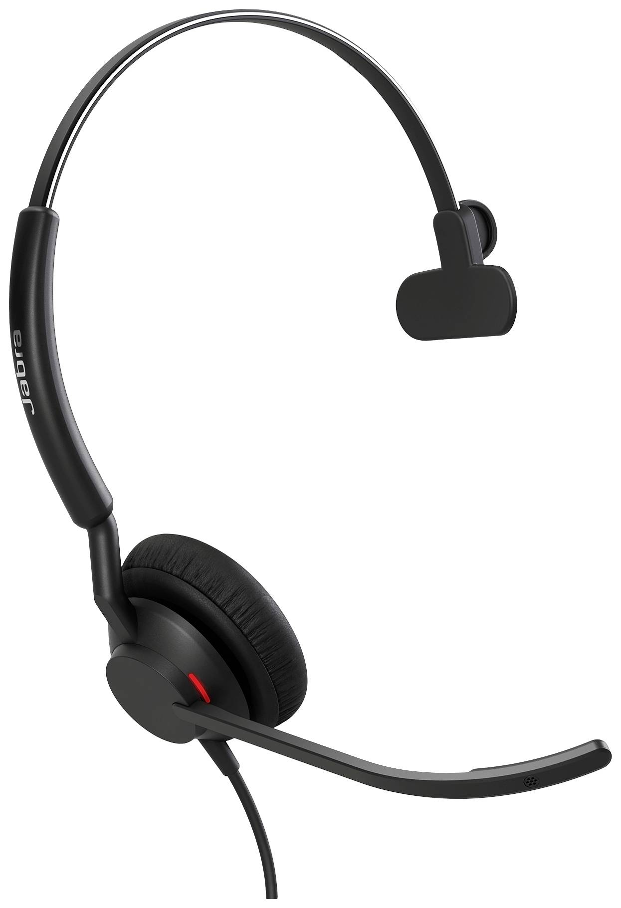 Casque noir mono avec microphone et écouteur rembourré, adapté aux applications de bureau.