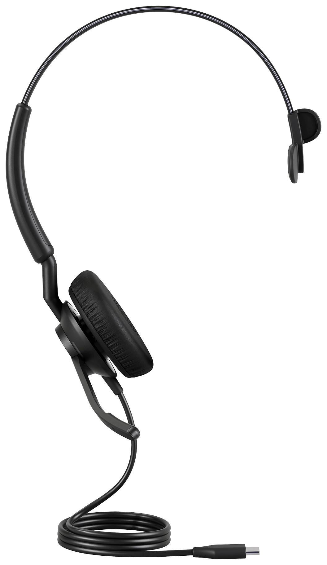 Un casque noir à un seul écouteur avec arceau flexible et une connexion USB-C à l'extrémité du câble. Idéal pour les appels téléphoniques ou les visioconférences.