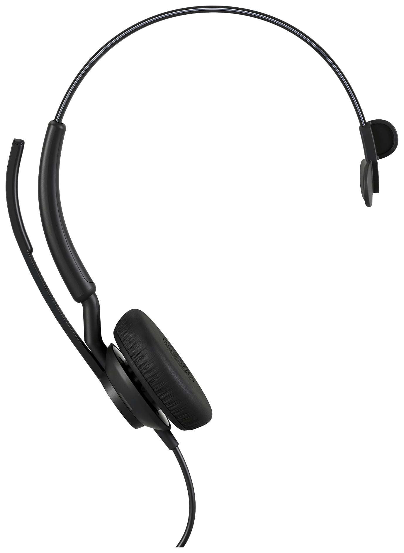 Un casque noir filaire avec un tour d'oreille et un bras de microphone ajustable.