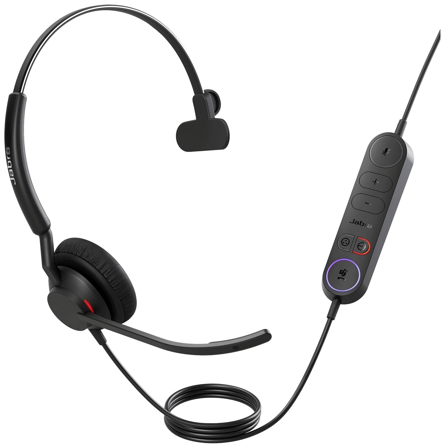 Casque mono avec microphone et télécommande filaire. Adapté aux appels téléphoniques, au travail ou aux vidéoconférences.