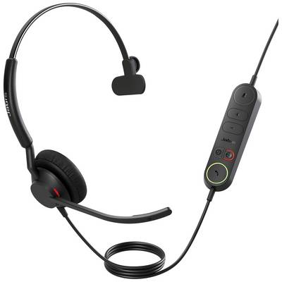 Un casque circumaural avec microphone, relié à une unité de contrôle sur le câble. L'unité de contrôle dispose de touches de réglage du volume et de réception d'appel.