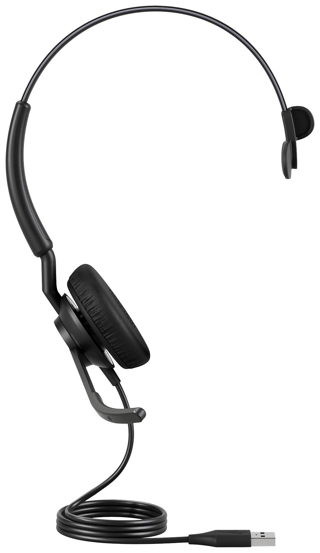 Un casque mono noir avec connexion USB, adapté pour la communication téléphonique ou informatique. Idéal pour les postes de travail de bureau.