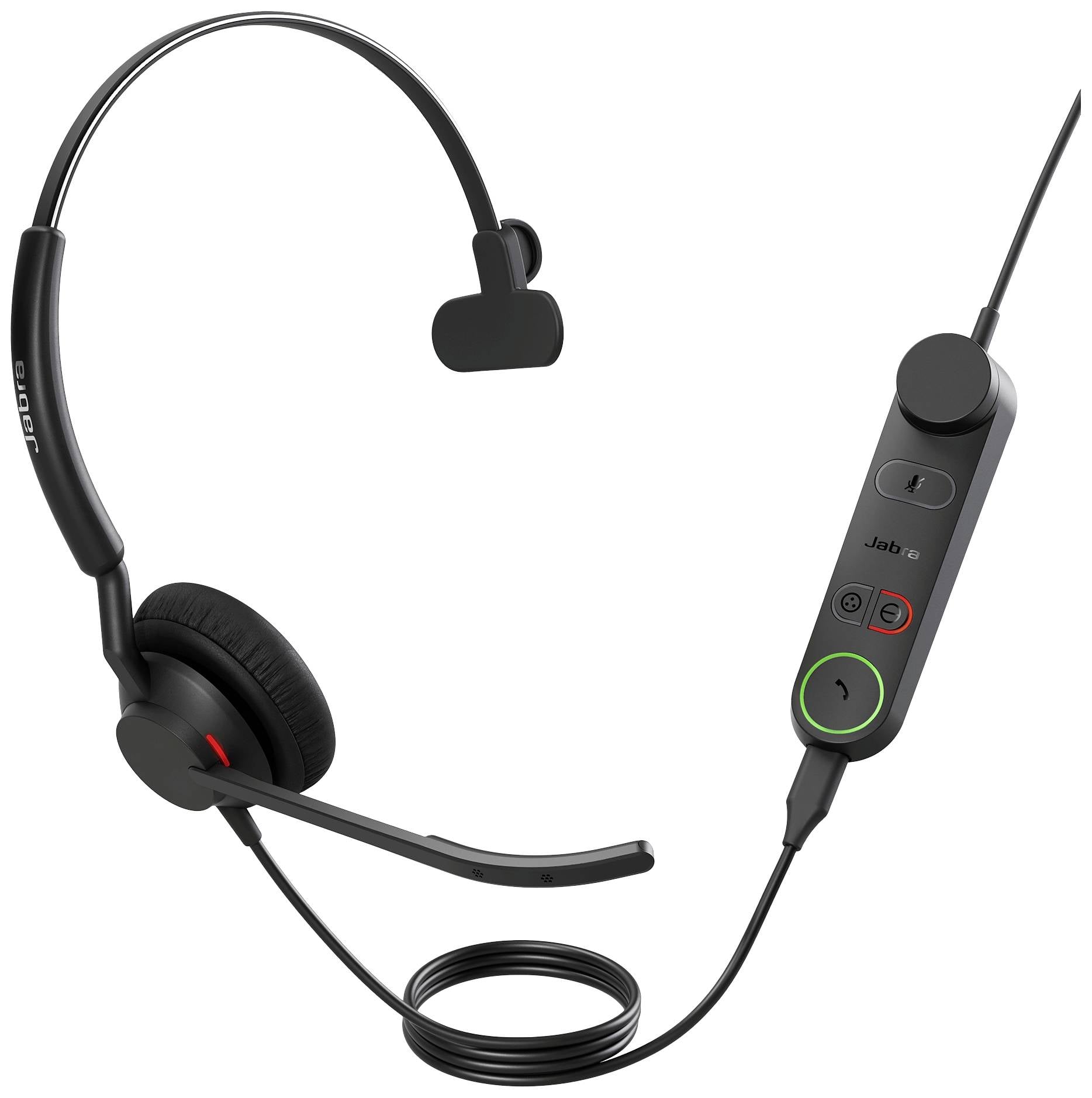 Casque mono avec microphone, design noir, connexion filaire avec unité de commande pour le réglage du volume et la réception d'appels.