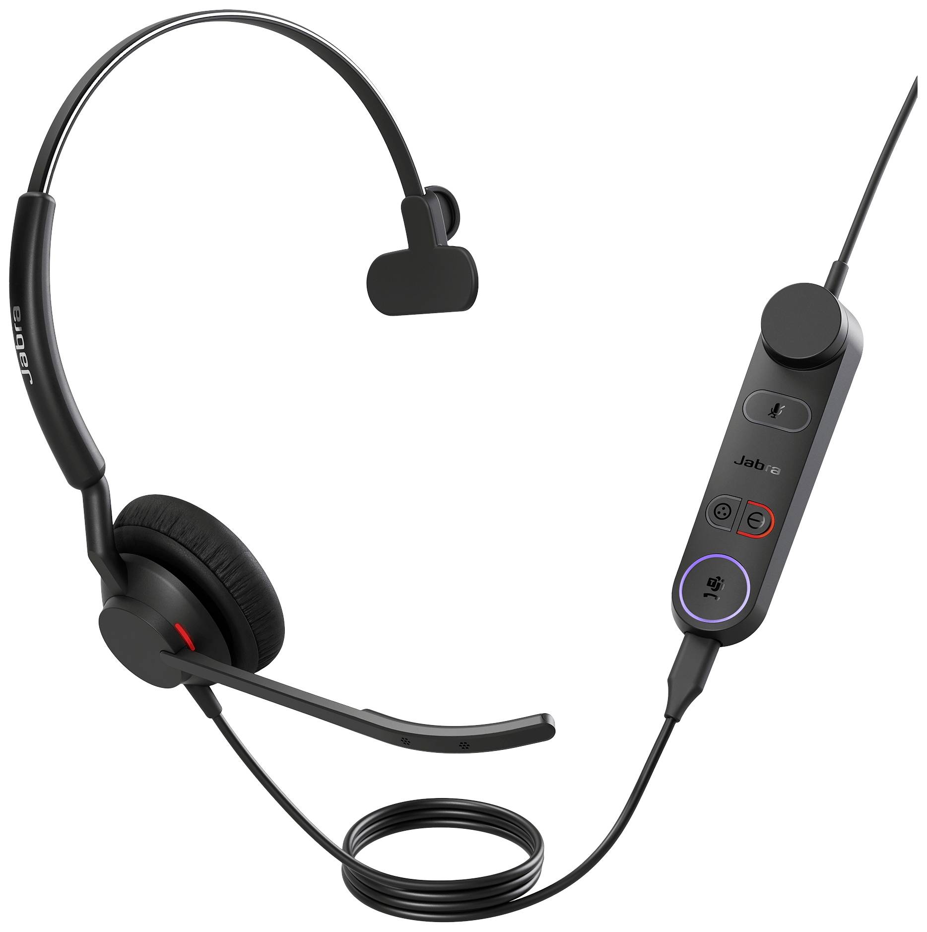 Un casque noir, monoauriculaire, avec microphone et commandes filaires, connecté à un appareil.