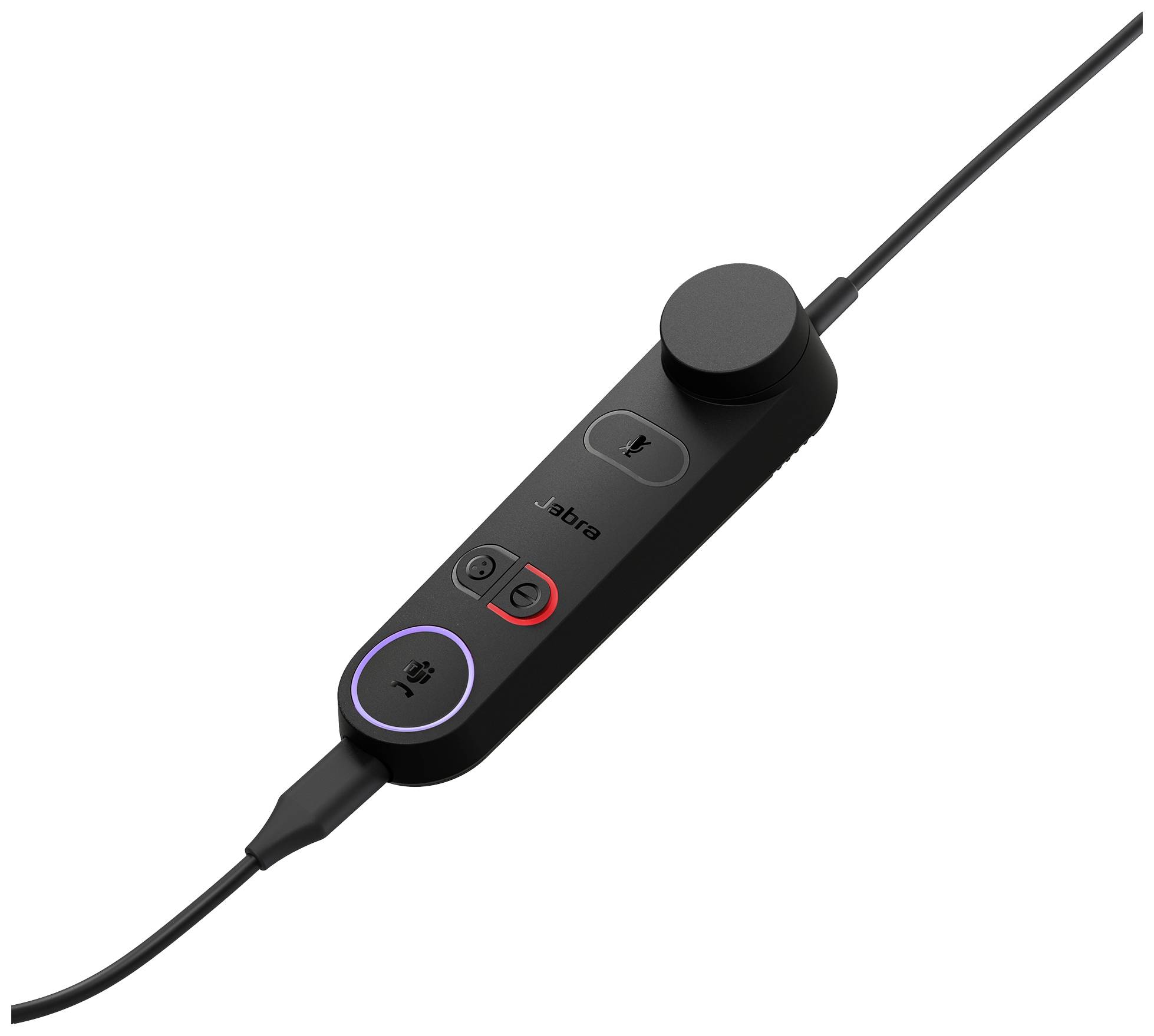 Unité de commande noire avec câble, deux boutons et un bouton rotatif. Un bouton est encadré de rouge, l'autre de bleu.