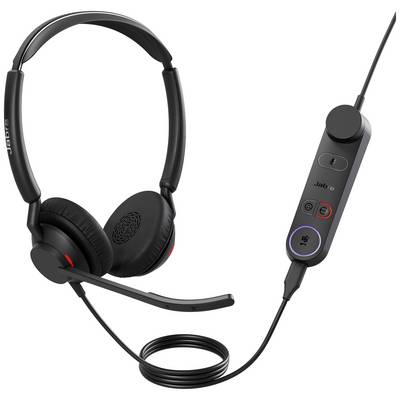 Casque Jabra noir avec microphone et touches de contrôle, incluant le volume, la réception d'appel et la mise en sourdine, reliés par un câble.