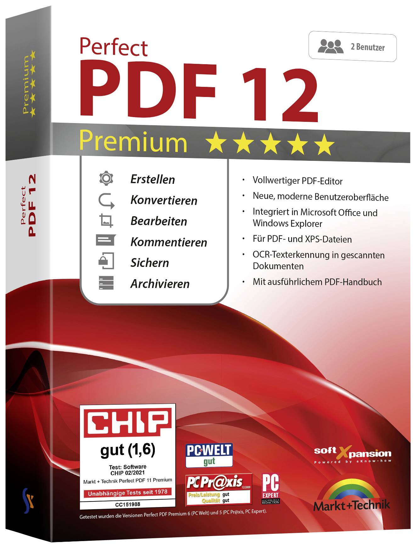 L'emballage de 'Perfect PDF 12 Premium' présente des zones dédiées à la création, la conversion et l'édition de PDFs, ainsi que des évaluations de magazines.
