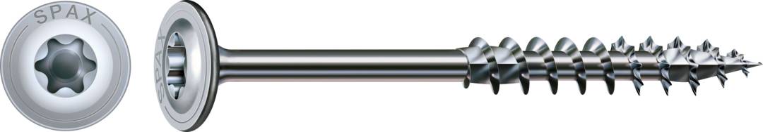 Gros plan d'une vis en argent à tête Torx et extrémité pointue, avec le logo de marque 'SPAX' visible à gauche.