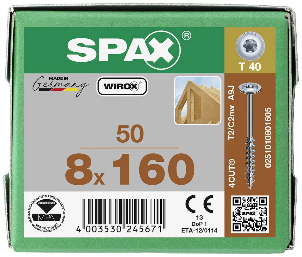 Paquet de vis 'SPAX', 50 pièces, taille 8x160, avec code QR, codes-barres et marquages. Logo de marque et image de cadre en bois visibles.