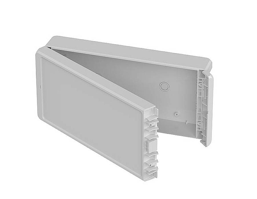 Boîte en plastique blanc, pliable et vide. Utilisée pour ranger des câbles ou des appareils.