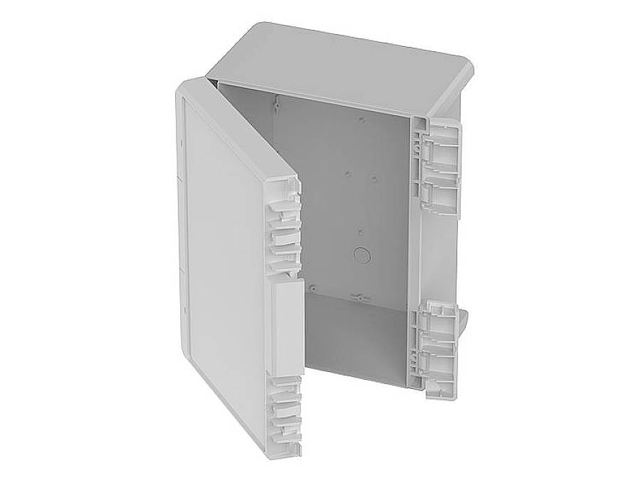 Un boîtier électrique blanc rectangulaire avec une porte ouverte. L'intérieur montre des points de fixation et un espace pour les connexions de câbles.