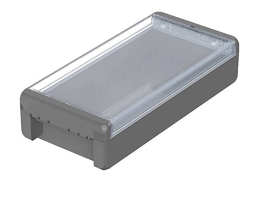 Boîtier gris en plastique protégé avec couvercle transparent, de forme rectangulaire. Adapté pour la protection des composants électroniques.