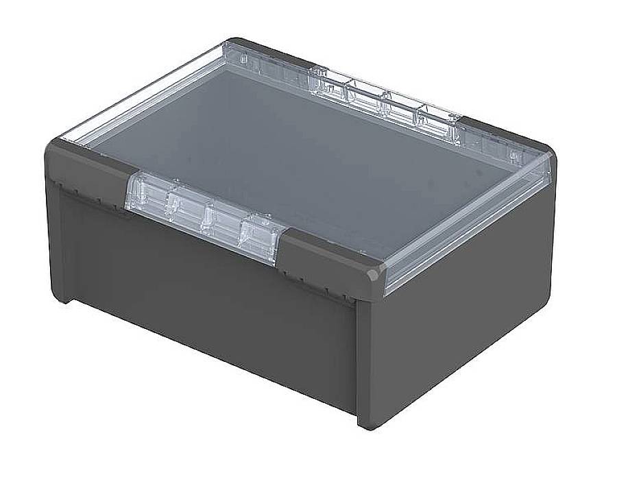 Un récipient en plastique noir rectangulaire avec un couvercle transparent. Le récipient semble robuste et fonctionnel.