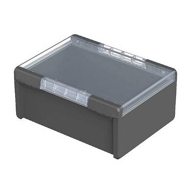 Un récipient en plastique noir rectangulaire avec un couvercle transparent. Le récipient semble robuste et fonctionnel.