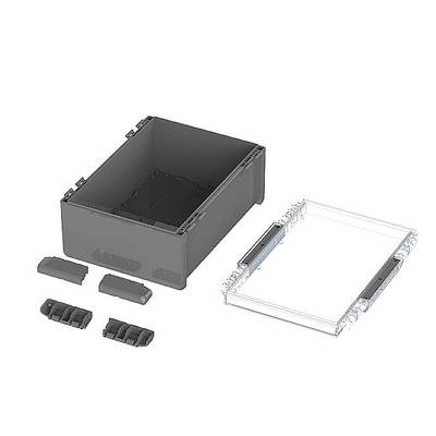 Un récipient noir avec un couvercle transparent, accompagné de quatre petits insertions noires.