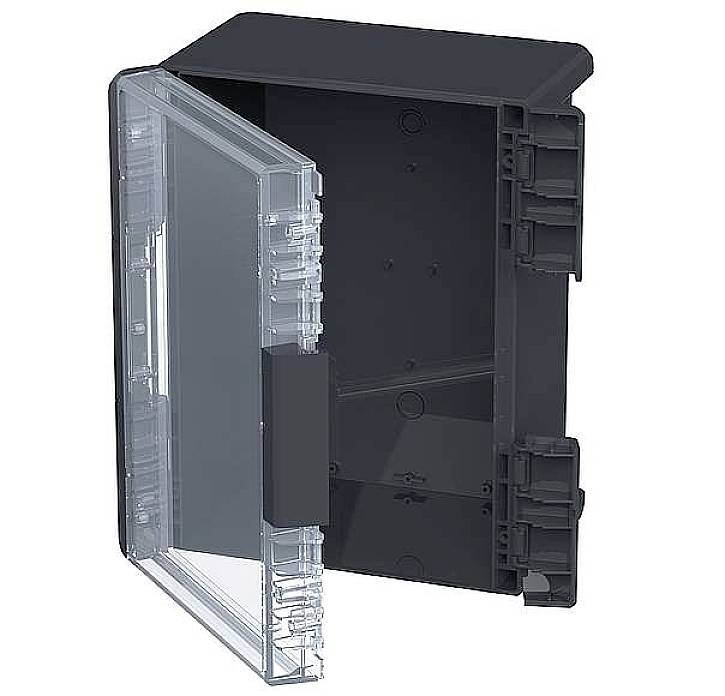 Boîte en plastique noir avec porte transparente ouverte. Adaptée pour l'électronique, la protection et l'organisation des câbles.