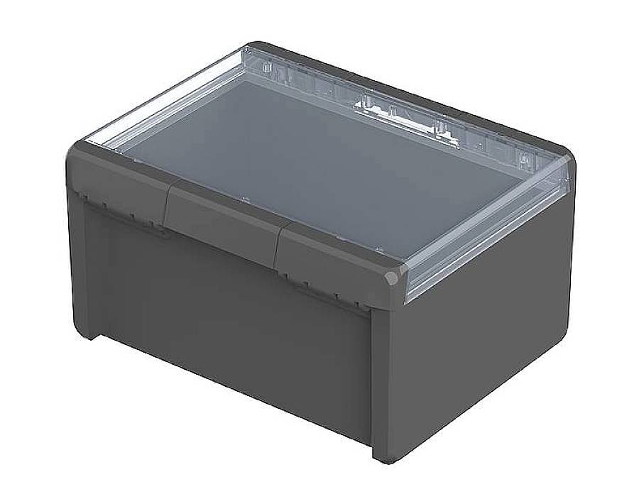 Une boîte noire rectangulaire avec un couvercle transparent, adaptée au stockage ou à l'organisation de documents ou d'objets.