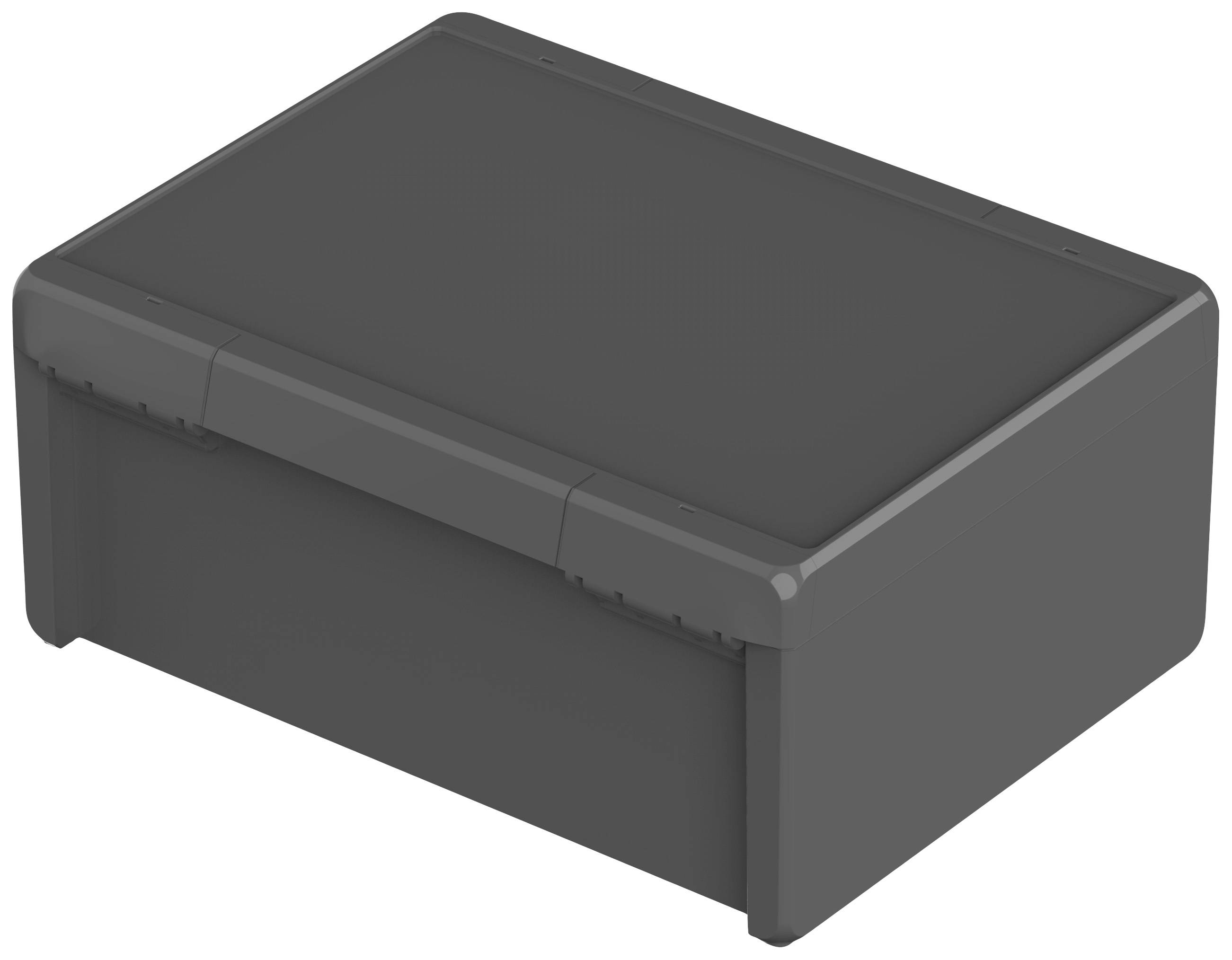 Boîte en plastique grise avec couvercle amovible, idéale pour le rangement de petits objets ou de documents.