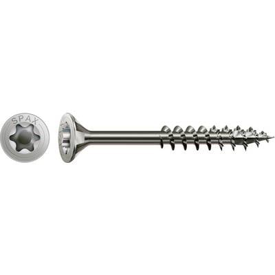 Une vis en métal à tête fraisée et entraînement Torx est posée horizontalement. 'SPAX' est gravé sur sa tête.