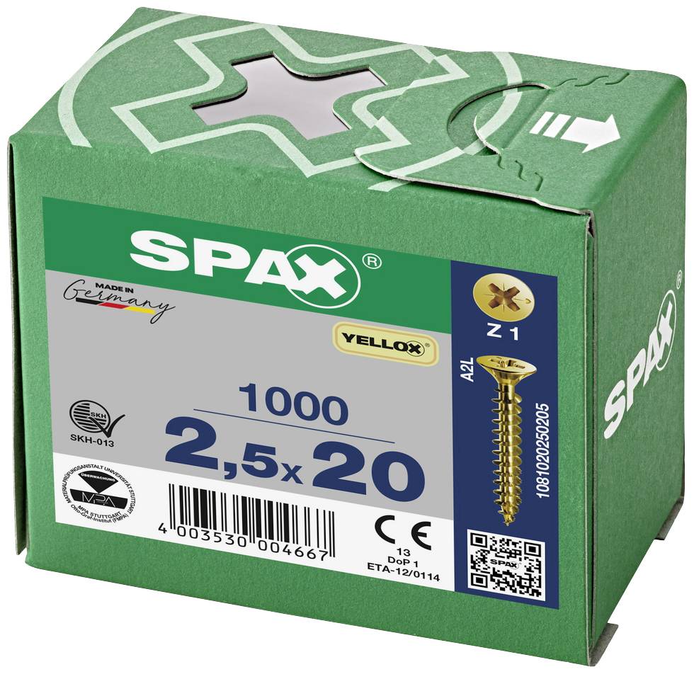 Emballage vert d'une boîte de vis Spax, 2,5 x 20 mm, 1000 pièces, avec un symbole en croix et l'inscription 'Made in Germany'.