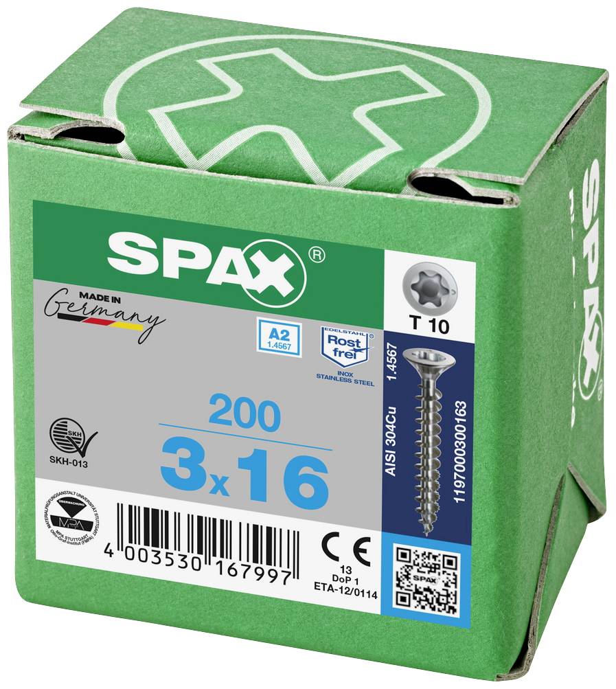 Emballage vert contenant des vis, inscription 'SPAX', '3x16', 'Fabriqué en Allemagne', 200 pièces. Symbole pour matériau inoxydable et code QR.